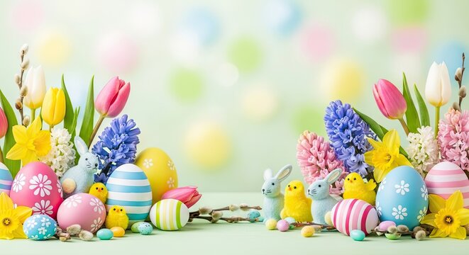 Ester day celebration with colorful easter eggs and spring flowers