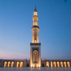 Magnificent Mosque Minaret with Arched Courtyard at Twilight