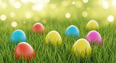 Fototapeta premium Easter eggs in green grass on ester day with colorful decoration