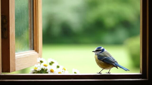 A small, vibrant bird perches on a wooden window sill alongside white daisy flowers. A soft, blurred green outdoor scene provides a tranquil backdrop. This peaceful imagery captures spring, natural be