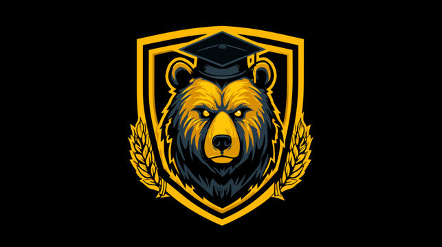 A bear wearing a graduation cap within a golden shield and wheat detail on a black background