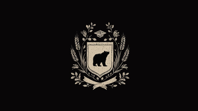 A crest on a black background, featuring a bear, wheat, leaves, and a ribbon