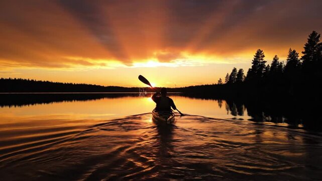 A solitary individual paddles a kayak or canoe across a serene lake, silhouetted against a breathtaking sunset or sunrise. The sky radiates a spectacular palette of golden, orange, and amber hues, cas
