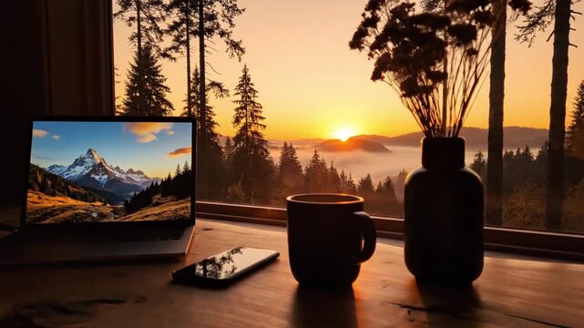 A stunning golden hour view unfolds from a window, showcasing a serene, misty mountain forest landscape bathed in the warm glow of a sunrise or sunset. On a rustic wooden surface indoors, a laptop dis