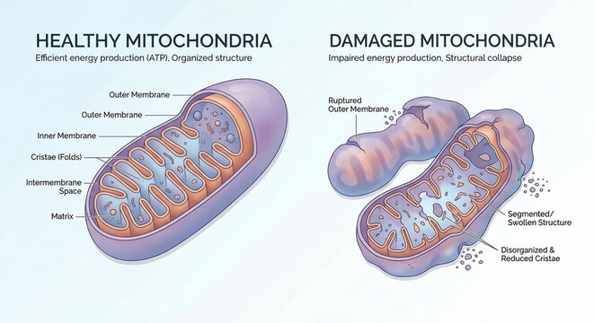 Healthy vs Damaged Mitochondria Cell Organelle Illustration