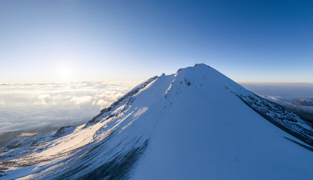 Panoramic view of the snow covered summit of Pico de Orizaba, also known as Citlaltepetl, the highest volcano in Mexico. 