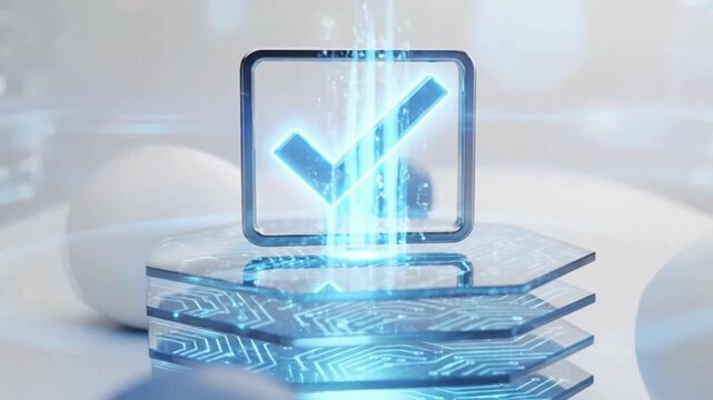 Digital approval checkmark animation video, secure online verification system, data authentication technology background, futuristic business validation concept