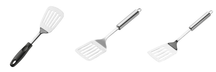 Set and collection of stainless steel kitchen spatulas with black handles isolated on white transparent png background © bearbyy