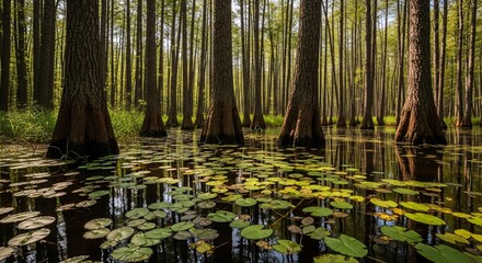 Fototapeta premium Serene forest swamp with tall trees and lily pads reflecting sunlight