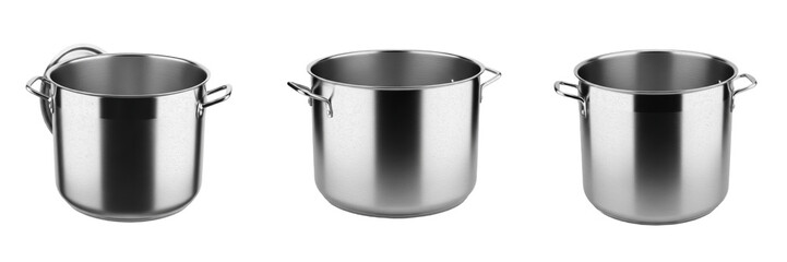 Set and collection of stainless steel stock pots isolated on white transparent png background