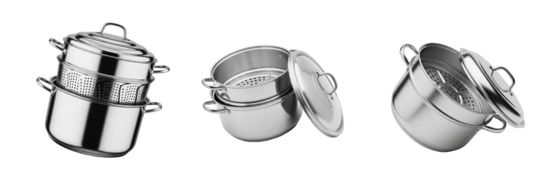 Set and collection of stainless steel steamer and cooking pots isolated on white transparent png background