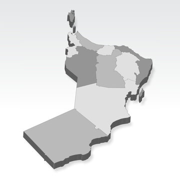 3D  Oman map with all states in gray. Three dimensional map Sultanate of Oman with shadow  on white background for your design, app, UI.  EPS10.