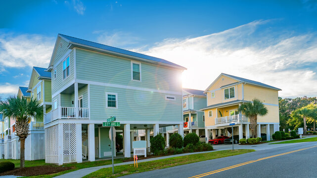 Colorful beach houses with palm trees on the Atlantic coast in Myrtle Beach, South Carolina, USA