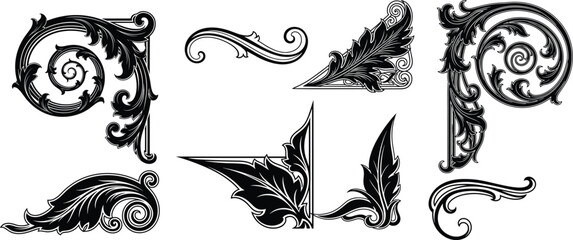 Ornate decorative corner and border elements with floral scrollwork patterns, vintage baroque silhouette motifs for invitations, certificates, frames, and elegant graphic design embellishments. © Tanzila