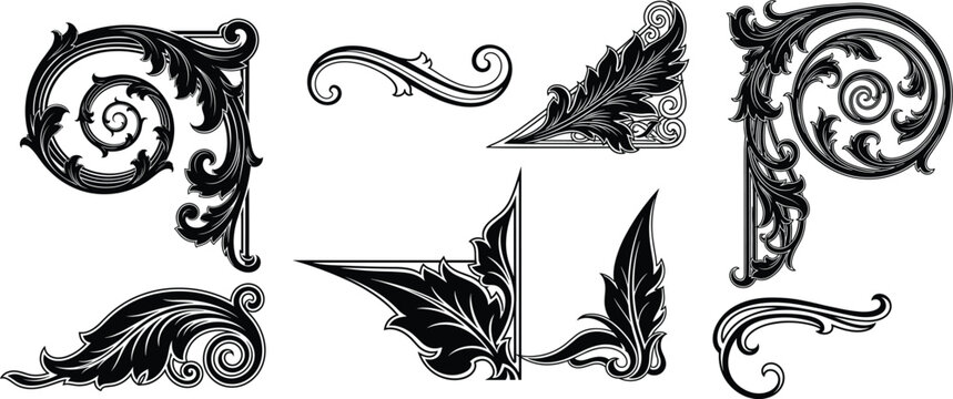 Ornate decorative corner and border elements with floral scrollwork patterns, vintage baroque silhouette motifs for invitations, certificates, frames, and elegant graphic design embellishments.