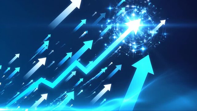 Business growth chart with upward trending arrows representing financial success and progress in a competitive market strategy.