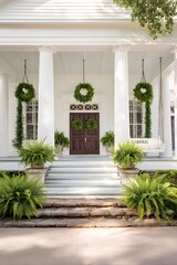 Naklejka premium Southern-style porch features green wreaths and ferns for Easter decoration