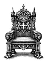 Fototapeta premium Majestic Royal Throne engraving, vintage woodcut, ornate seat. Gothic carvings, crowned heraldic shield, cross, rampant lions. Regal lion head armrests, powerful lion paw feet. Monarchy, medieval auth