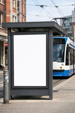 Blank vertical billboard mockup at a city tram stop with a modern tram in the background. Perfect for outdoor advertising campaigns, public transport promotions, and urban marketing displays