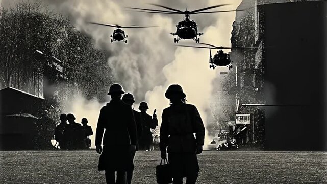 Military Helicopters in Action: Urban Conflict and Crisis Evacuation Chaos in Black and White Warzone Drama with Heroic Soldiers and Civilian Movement in Vintage Style