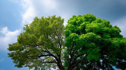 Obraz premium Two trees with lush green leaves side by side representing carbon offset comparison and environmental sustainability, ecological balance, with copy space