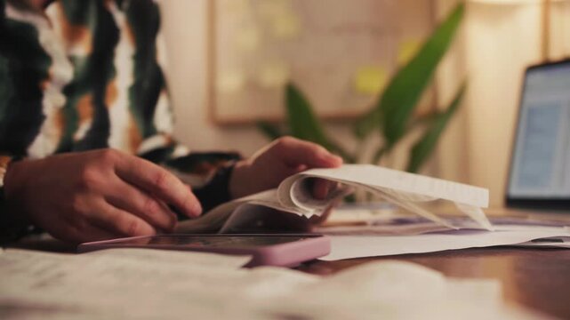 Woman sorts receipts using a calculator to track expenses at home. Budget planning or tax return from home.
