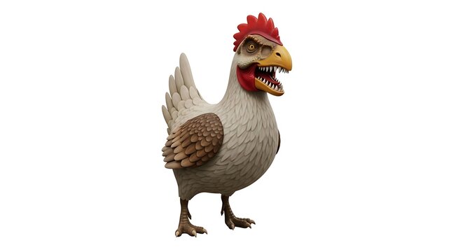 Funny conceptual hybrid creature of a white chicken with a fierce dinosaur T-Rex head and sharp teeth