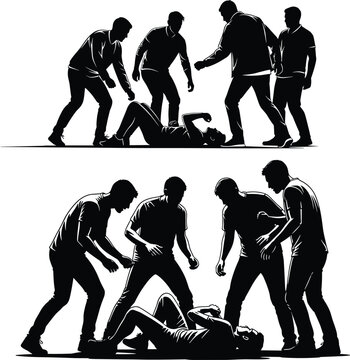 Silhouettes of group bullying scenes with individuals surrounding a vulnerable person, vector illustration representing aggression, vulnerability, s