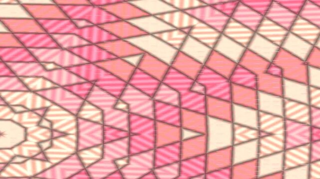 Abstract geometric pattern in shades of pink and cream, featuring tessellated triangles and quadrilaterals with dark outlines, creating a kaleidoscopic effect.
