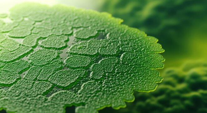 Close-up of a green leaf with dew drops.