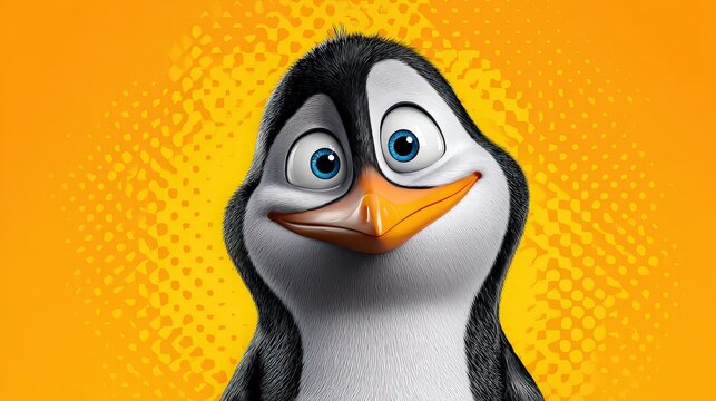 Cute Smiling Cartoon Penguin Character Portrait on Bright Background