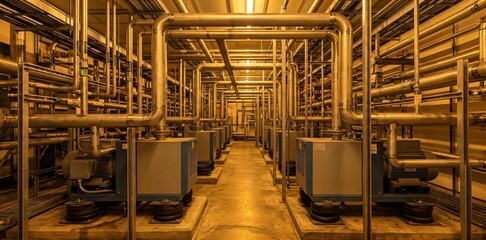 Industrial mechanical pump room with stainless steel fluid piping and electric motors