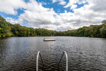 Lake swimming access with metal ladder and floating dock surrounded by forest under dramatic clouds in peaceful nature landscape © nagelsphoto