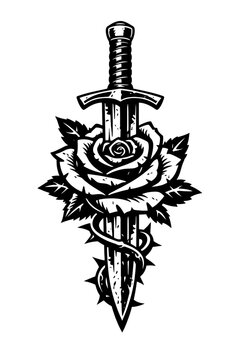 A dagger pierced through a rose with leaves and a snake wrapped around it, a symbol of love and danger intertwined in a striking black and white design.