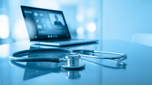 Stethoscope on desk with laptop background for telemedicine concept