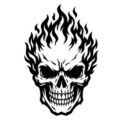 black and white skull with flames illustration on white background