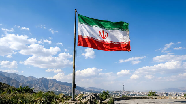 Iran flag against tehran cityscape mountains