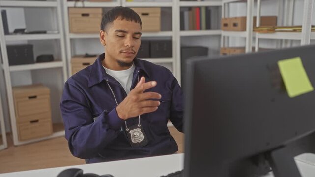 Man police detective with badge claps hands at computer desk in building investigation office while gesturing and reviewing files; concentration duty.