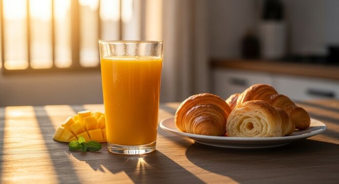 Breakfast still life glass of juice and croissants on wooden table