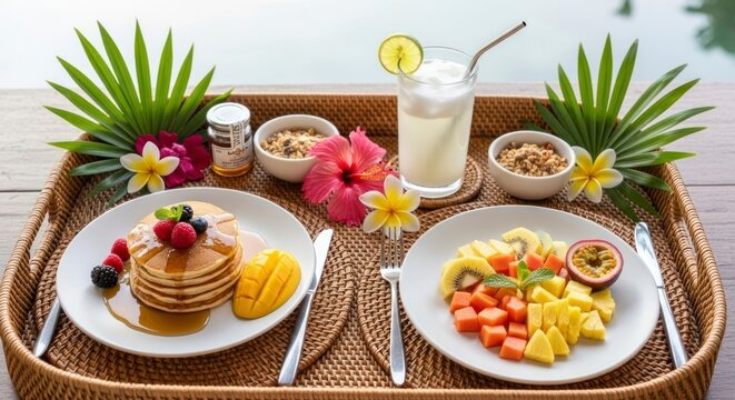 Breakfast tray with pancakes tropical fruits and refreshing drink