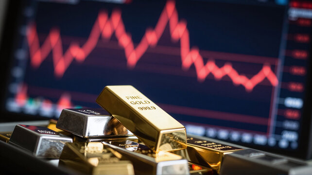 Gold bars and silver ingots stacked in safe house with stock market crash chart in background