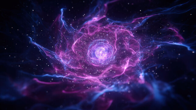 Cinematic visualization of a purple energy sphere surrounded by swirling cosmic dust.2. High-detail 8K render of a glowing atom or galactic core in deep space.