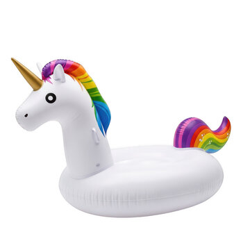 Inflatable unicorn pool float with rainbow mane and tail isolated on transparent background