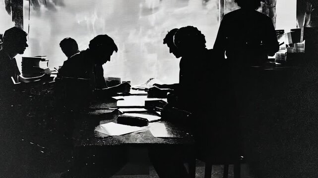 Silhouette of Group of Students in Workspace Collaborating on Research and Study in Black and White