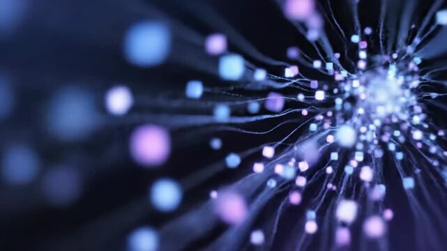Futuristic fiber optic technology with vibrant glowing lights and dynamic data transmission visualization through abstract digital networks and connections.