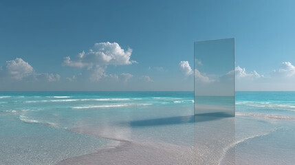 Fototapeta premium Surreal frameless mirror standing upright in shallow tropical ocean reflecting blue sky and soft clouds, minimalist conceptual seascape with calm turquoise water and endless horizon