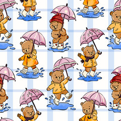 Cotton fabric Seamless pattern featuring cute brown bears wearing yellow raincoats and jumping in blue water puddles with pink umbrellas on a blue checkered background for nursery textile