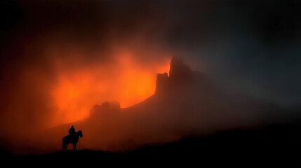 Fototapeta premium Silhouetted rider on horseback approaches a distant fortress bathed in intense orange atmospheric light