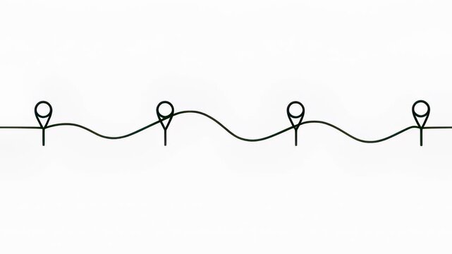 Minimalist black one line drawing of map location pins on a white background, creating a continuous motion animation for travel and navigation concepts.