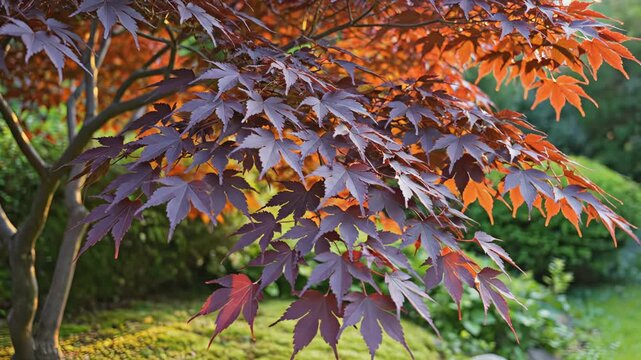 Close up Of Japanese Maple Tree With Red Purple And Orange Leaves In Soft Sunlight